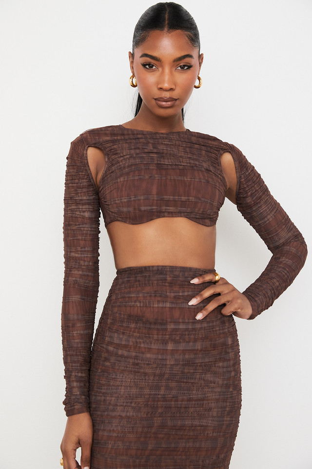 'Blythe' Chocolate Print Ruched Mesh Cutout Cropped Top